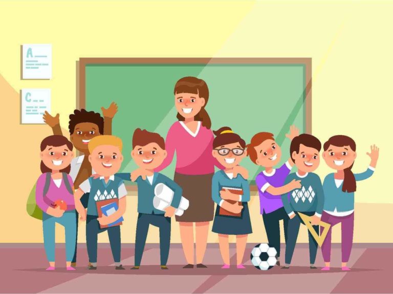 Cartoon of Teacher smiling with a group of students