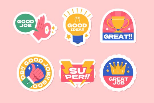 A variety of different stickers that say, “good job!” and “super!”