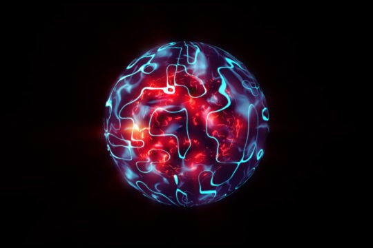 A sphere with neon ripples in front of a black background