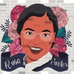 A celebratory painting of Rosa Parks on a brick wall.