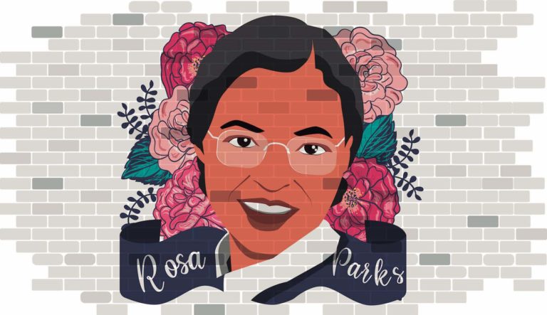 A celebratory painting of Rosa Parks on a brick wall.