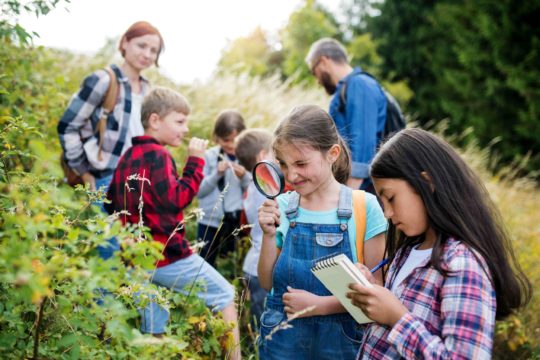 Group of students outside exploring and taking notes with two teachers.