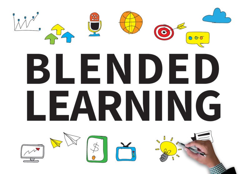 ‘Blended Learning’ on a white background surrounded by colorful icons.