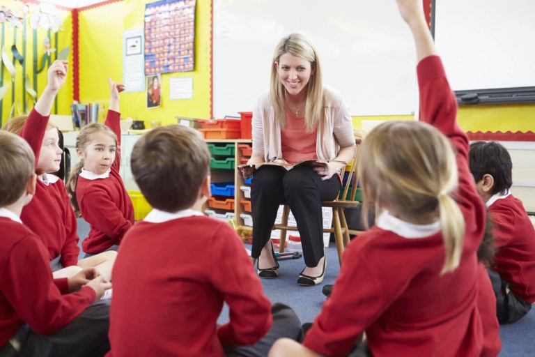 Teacher practicing reciprocal teaching while reading a book to a group of young students.