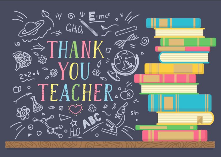 ‘Thank you Teacher’ written on a chalkboard surrounded by related drawings.