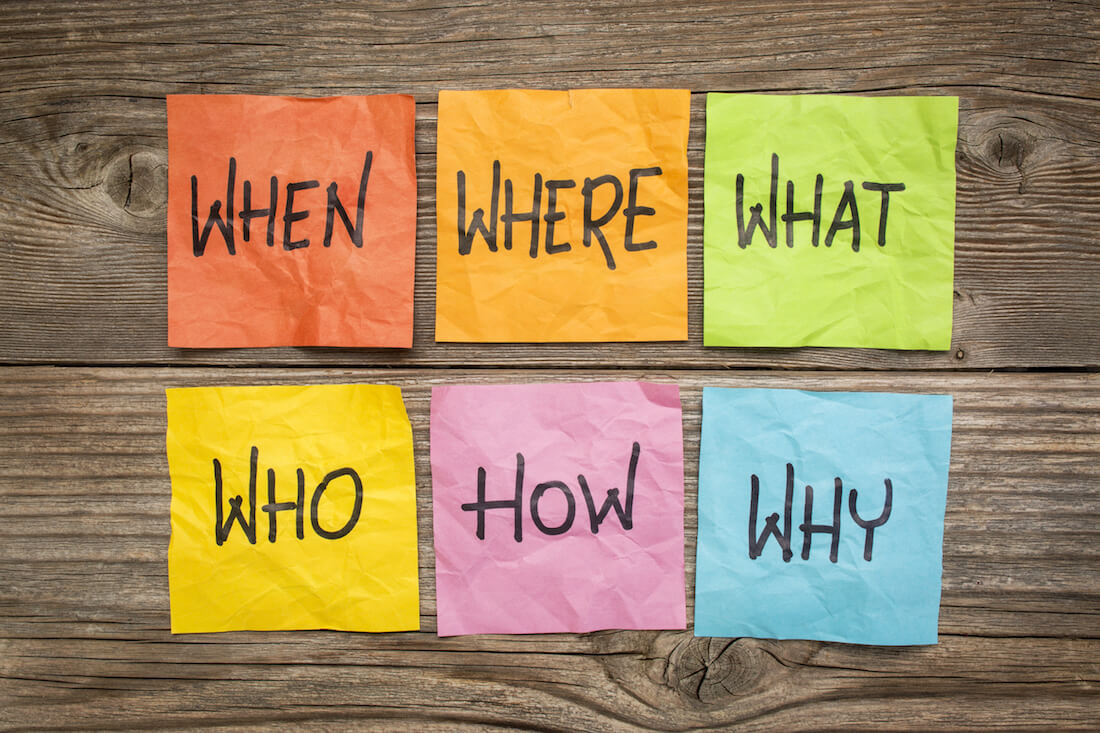 Colorful sticky notes on a table reading ‘When, Where, What, Who, How, Why’