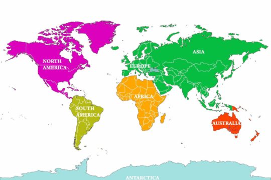 Map showing the seven continents