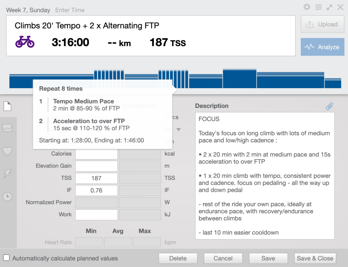 Cycling Workouts Climbs 20' Tempo + 2 x Alternating FTP